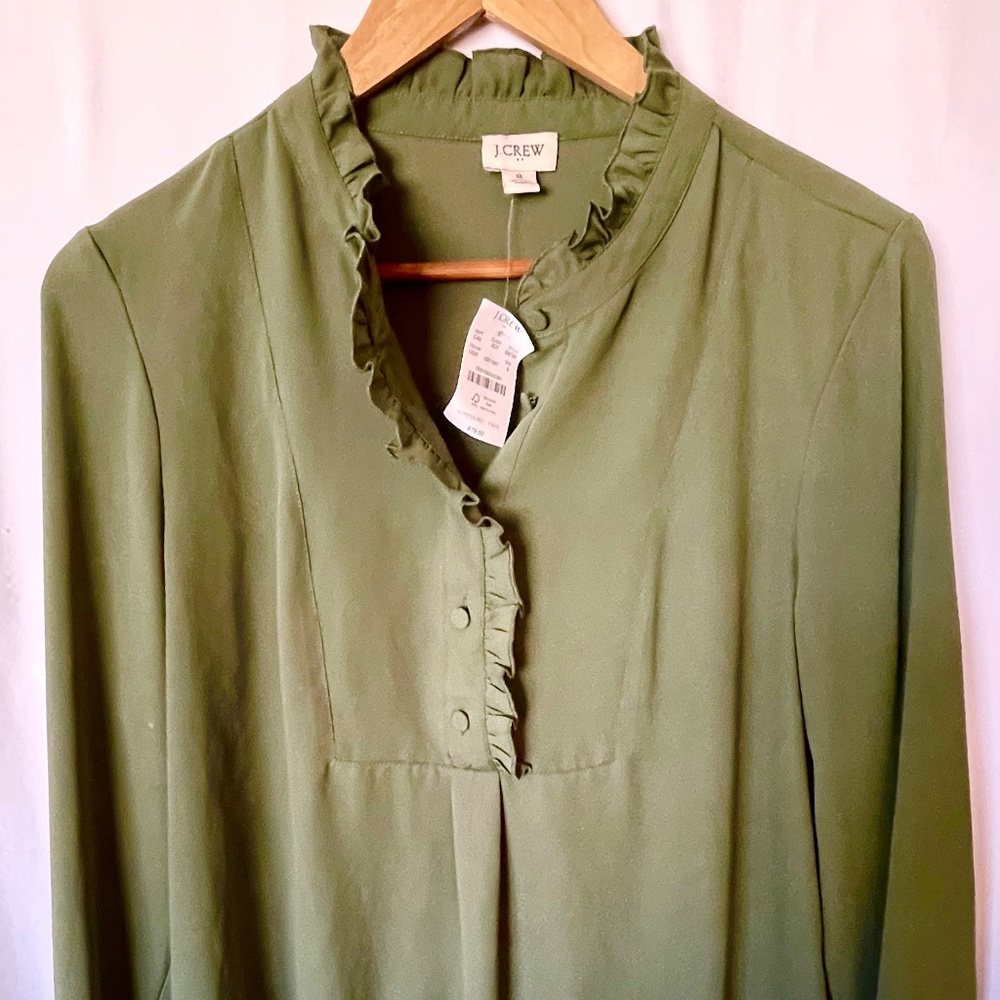 J. Crew Green Ruffle Blouse